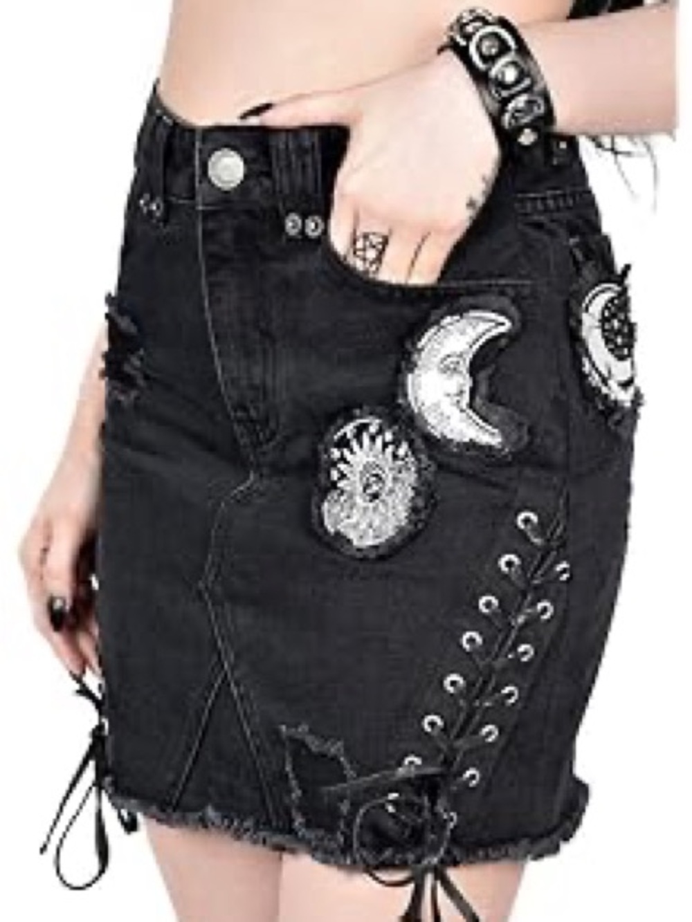 Killstar phased out black denim Mini skirt moon and stars small